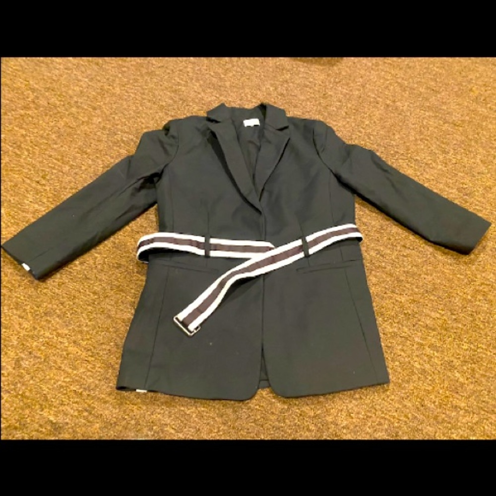 EUC ECRU Women’s Sz 4 Black Suit Jacket Blazer White Stripe belted career coat